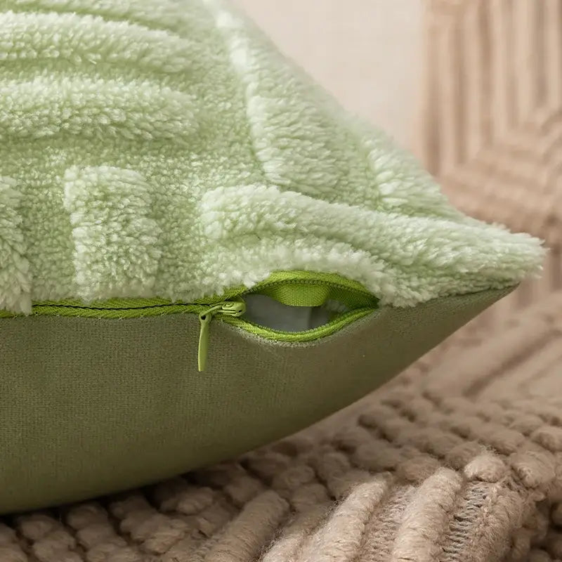 Light green plush cushion cover with textured fuzzy surface and matching zipper for decorbites geometric design decor