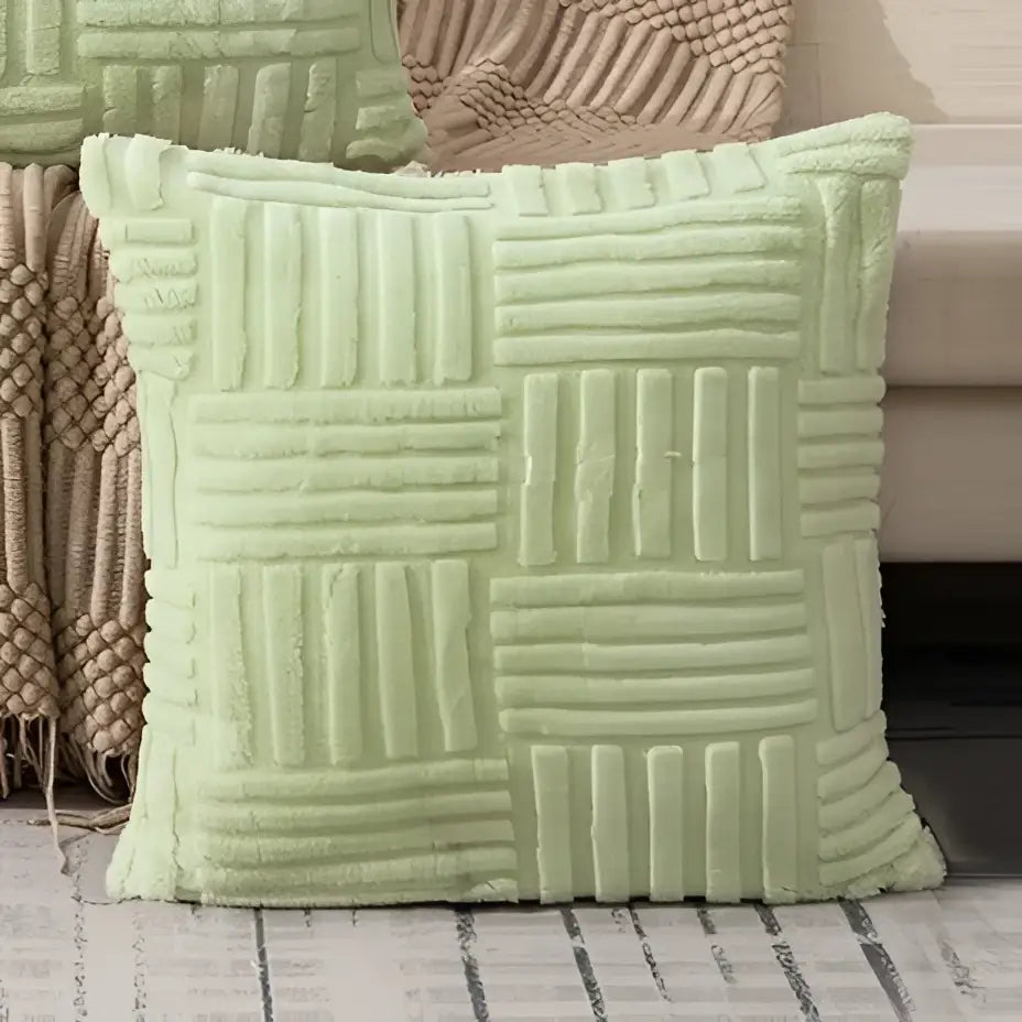 Light green plush cushion cover with textured woven geometric design for living room decorbites cushion covers