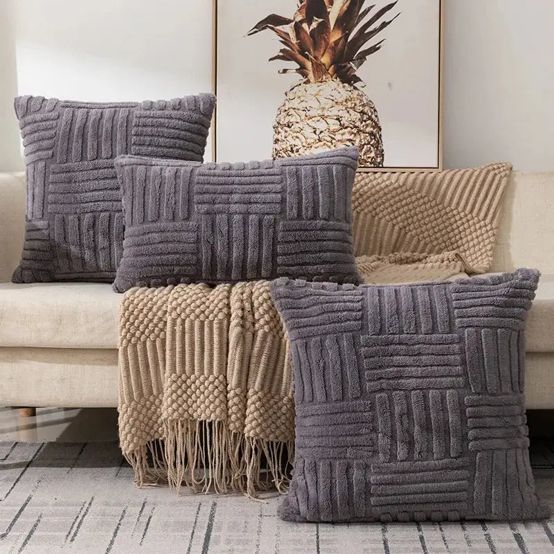 Gray textured throw pillow with woven ribbed pattern cushion cover for living room decorbites geometric design decor