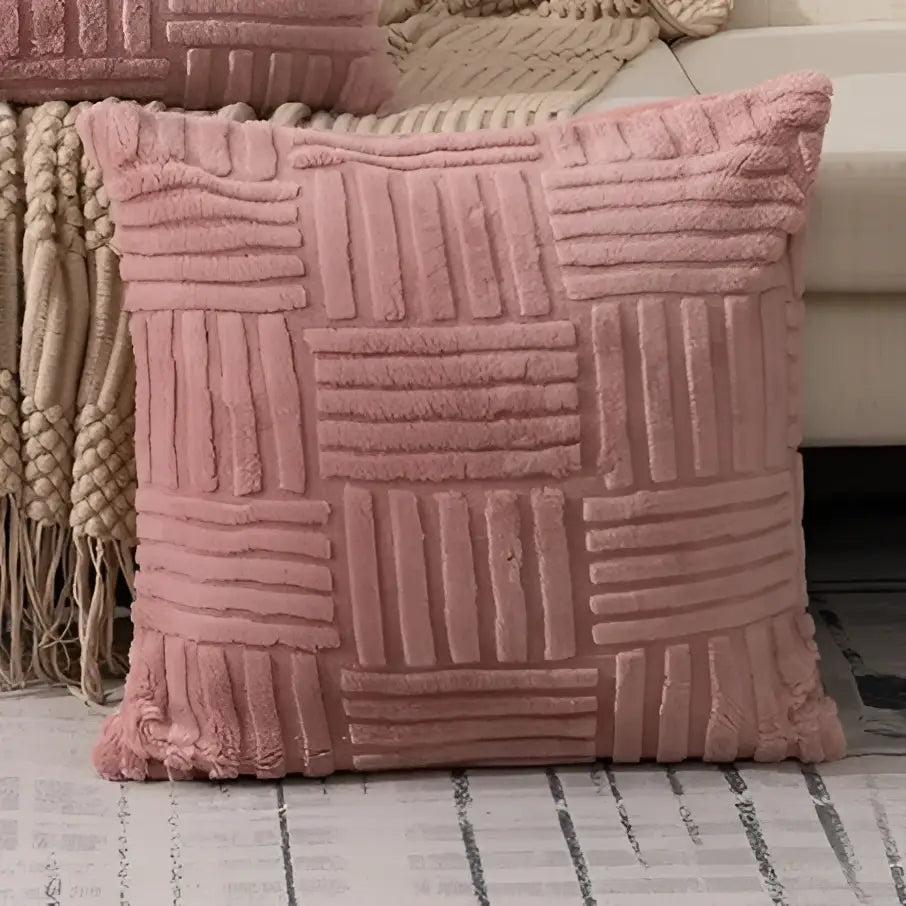 Pink woven-textured throw pillow with soft plush fabric finish for decorbites geometric design cushion covers living room decor