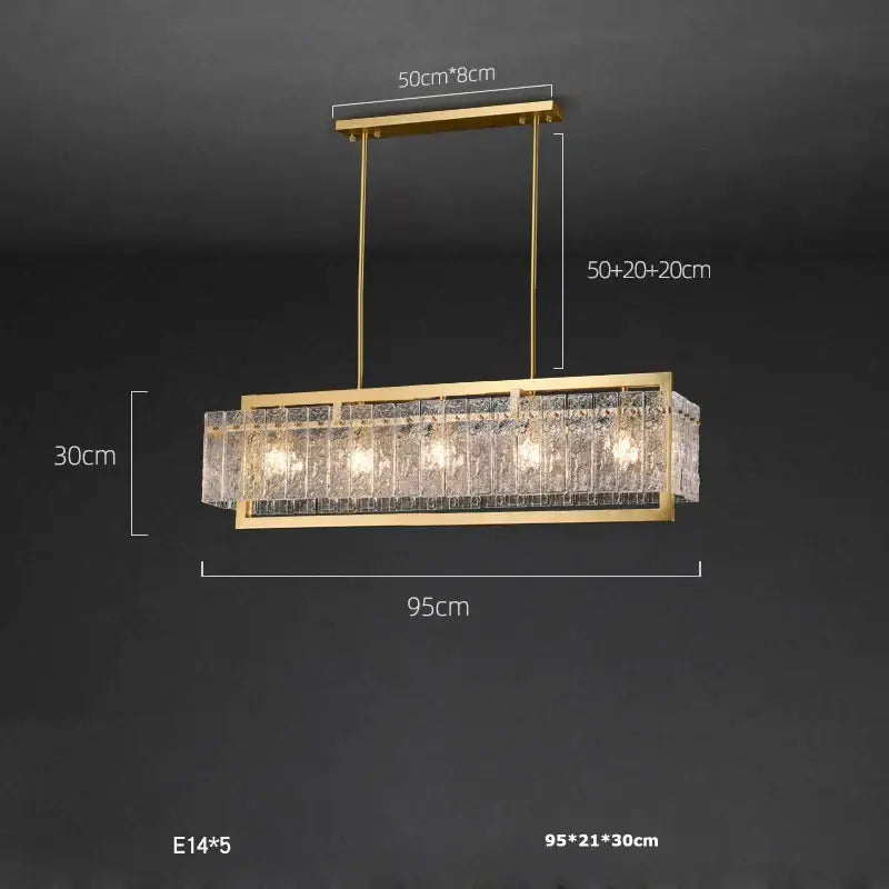 Gold framed rectangular textured crystal decorbites dimmable led copper glass chandelier with five e14 bulbs for living room