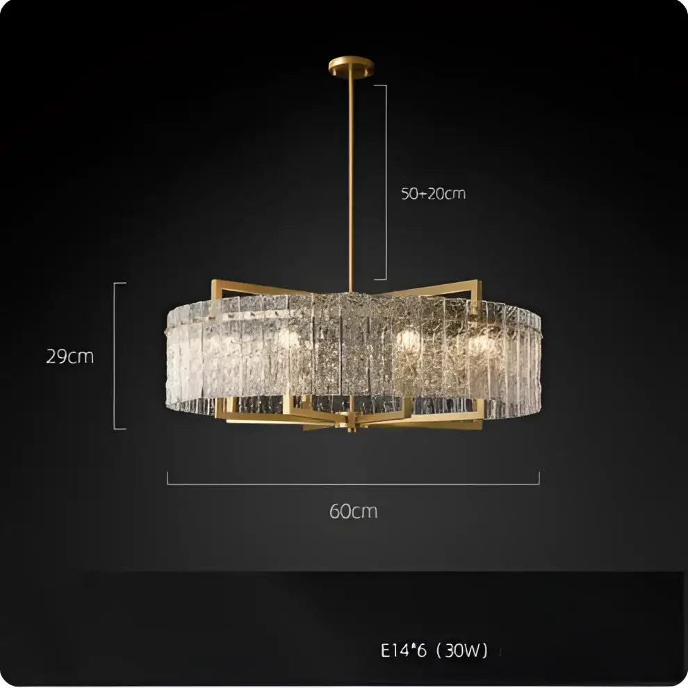 Gold-toned dimmable led copper glass chandelier with circular frame and cascading textured crystal strands for living room decorbites dimmable led