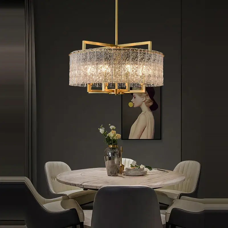 Gold-toned dimmable led copper glass chandelier with textured crystal cylindrical shade and geometric frame for living room decorbites decor