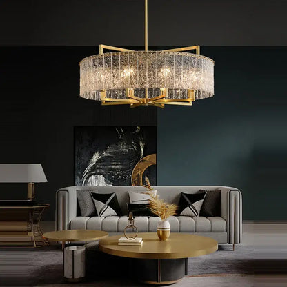 Gold-toned textured crystal dimmable led copper glass chandelier with circular frame for living room decorbites dimmable led