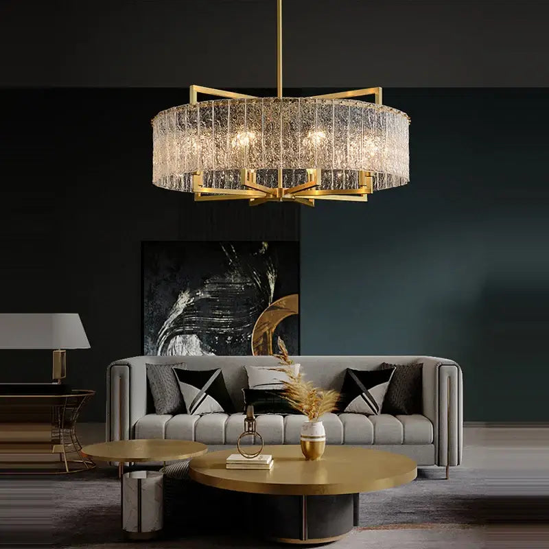 Gold-toned textured crystal dimmable led copper glass chandelier with circular frame for living room decorbites dimmable led