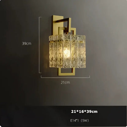 Gold-toned geometric wall sconce with textured translucent glass shade dimmable led copper glass decorbites dimmable led