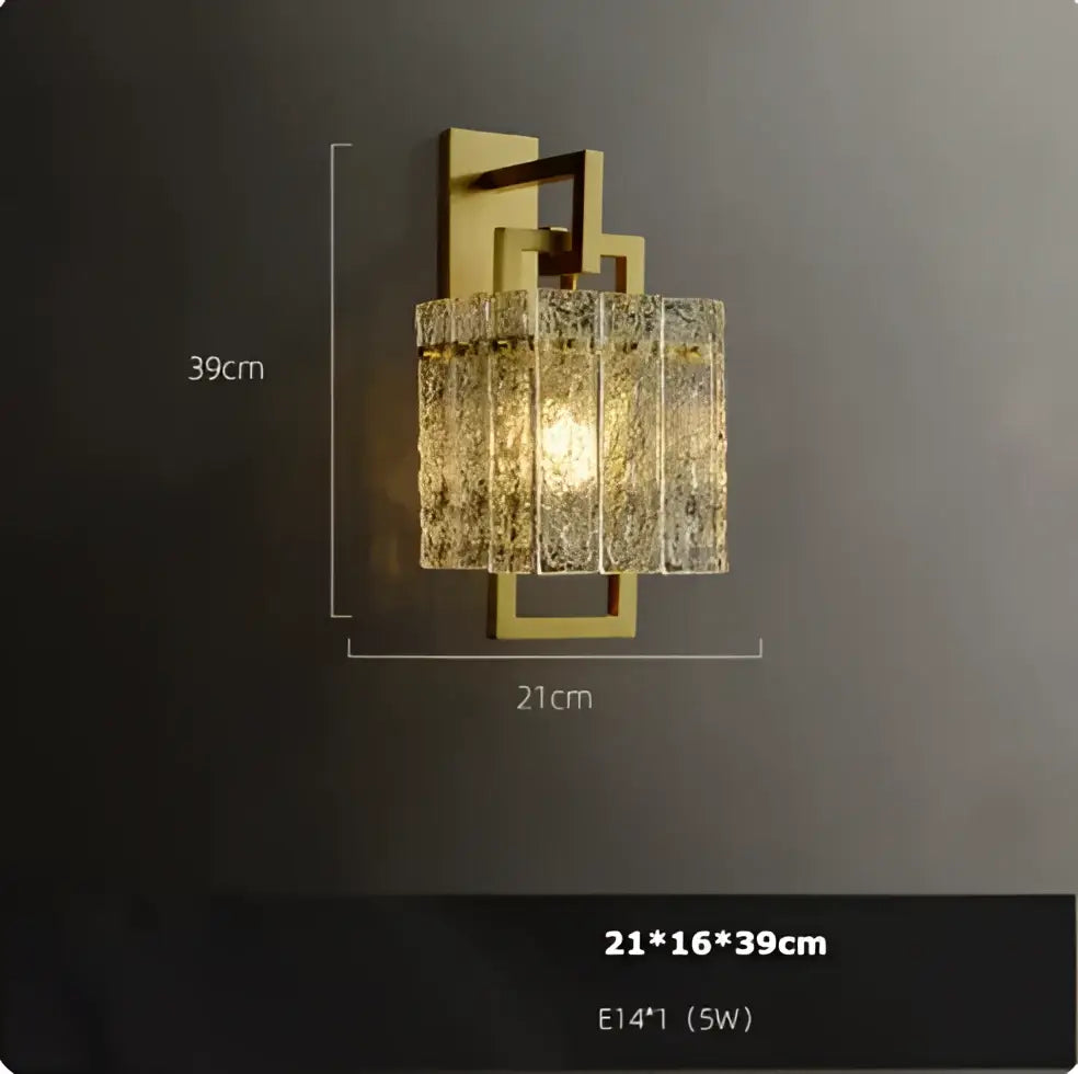 Gold-toned geometric wall sconce with textured translucent glass shade dimmable led copper glass decorbites dimmable led