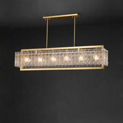 Gold-toned rectangular chandelier with textured crystal panels featuring dimmable led copper glass for living room decorbites dimmable led