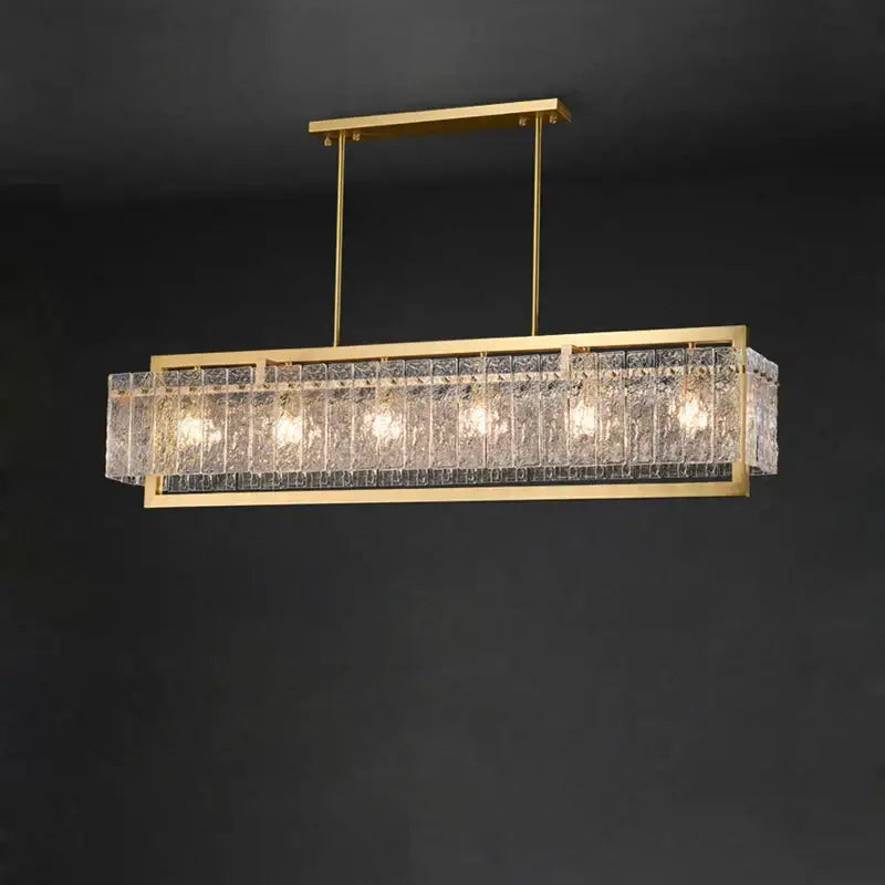 Gold-toned rectangular chandelier with textured crystal panels featuring dimmable led copper glass for living room decorbites dimmable led