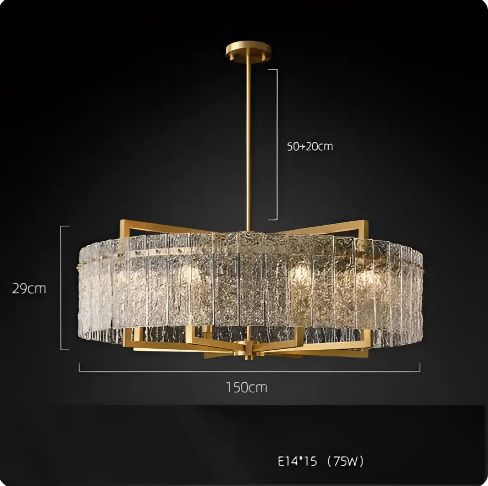 Gold-toned textured crystal copper glass chandelier with cascading panels and dimmable led for modern living room decorbites