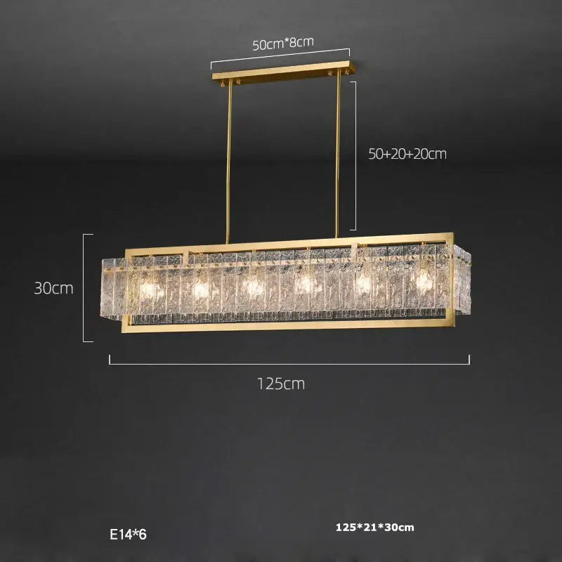 Gold-framed rectangular textured crystal dimmable led copper glass chandelier with six e14 bulbs for living room decorbites dimmable led