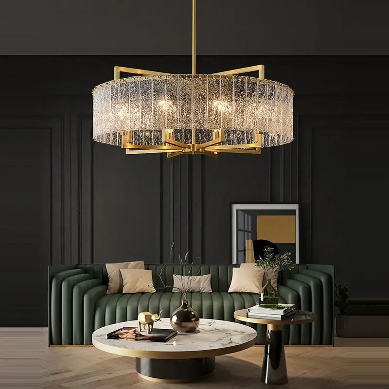 Gold-toned textured crystal dimmable led copper glass chandelier with cascading strands and modern frame for living room decorbites dimmable led