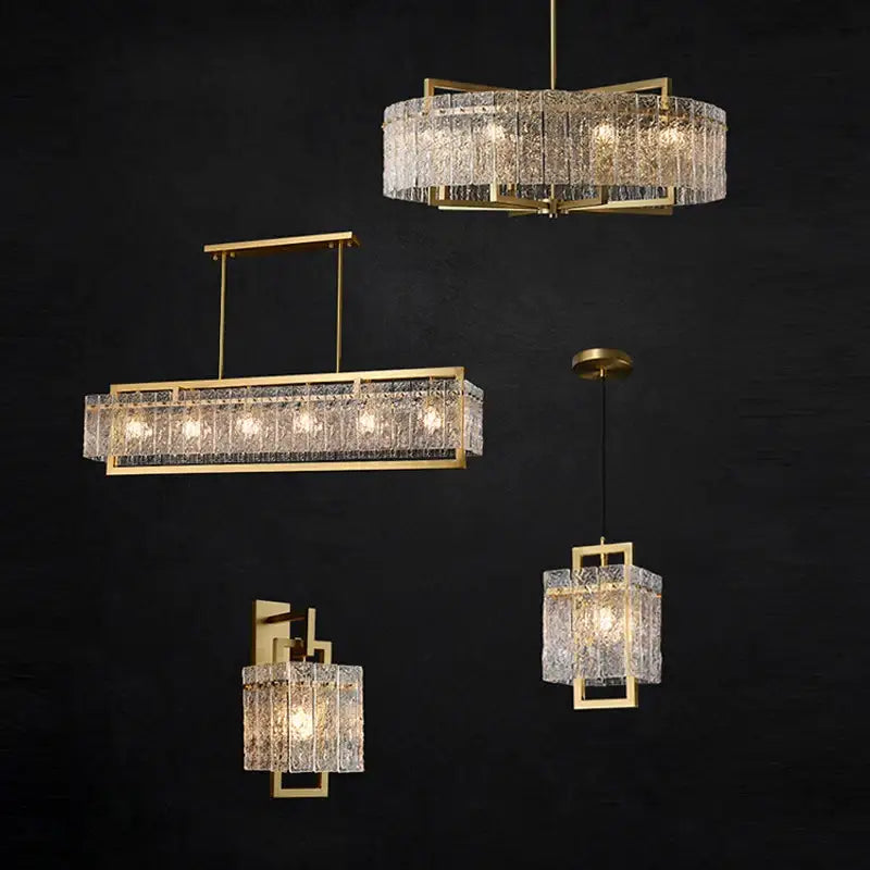 Gold-framed textured crystal gold dimmable led copper glass chandelier for living room decorbites dimmable led lighting