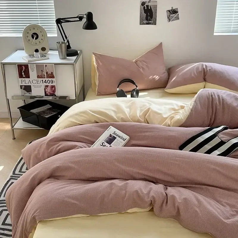 Pink corduroy duvet cover with ribbed texture layered over cream bedding in textured dark gray and light gray bubble cotton quilt sets