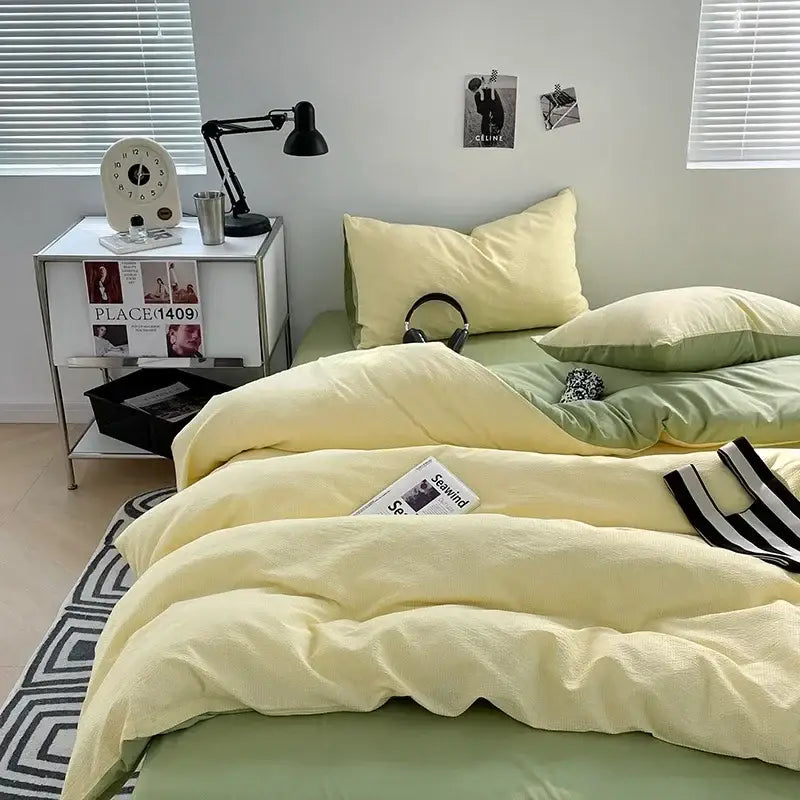 Yellow and green bedding set with soft textured fabric in bubble cotton quilt set ideal for bedroom comfort