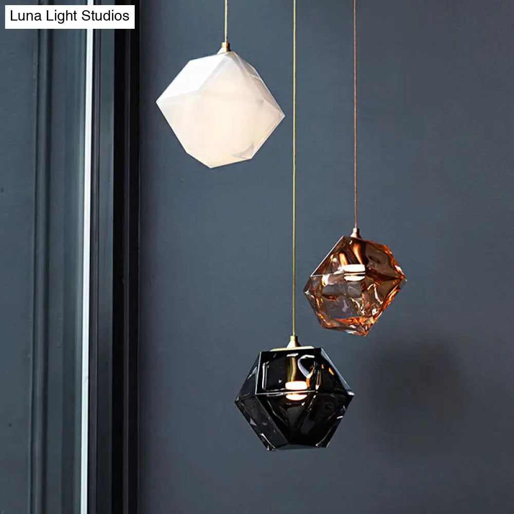 Textured Diamond Suspension Pendant Lamp - White/Amber/Smoke Glass - Modern LED Hanging Light for Dining Room