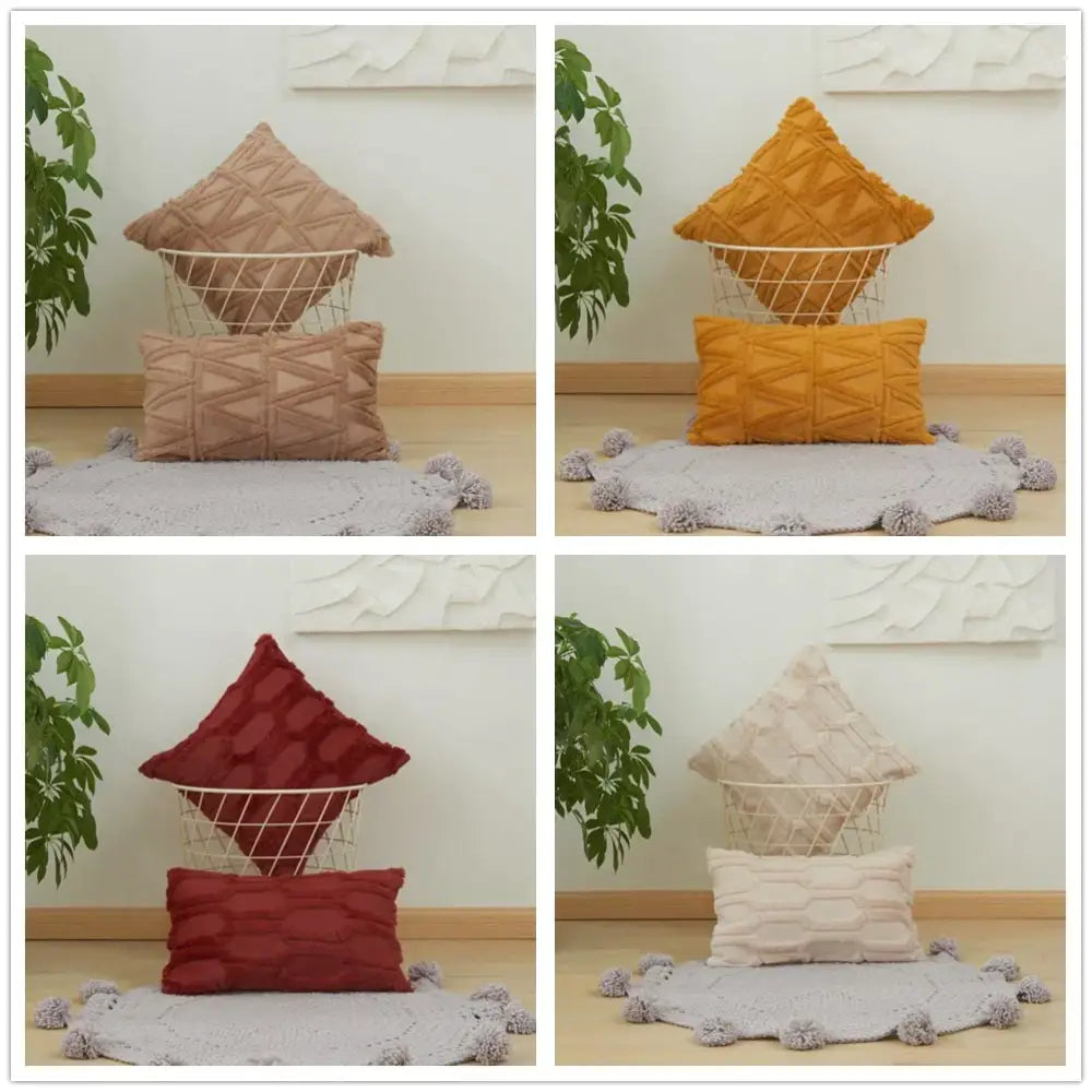 Set of four textured earthy cushion covers with diamond embroidery living room patterns in soft woven fabric finishes