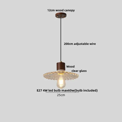 Delicate 12cm wooden canopy pendant light with clear textured frosted glass led shade by decorbites clear glass