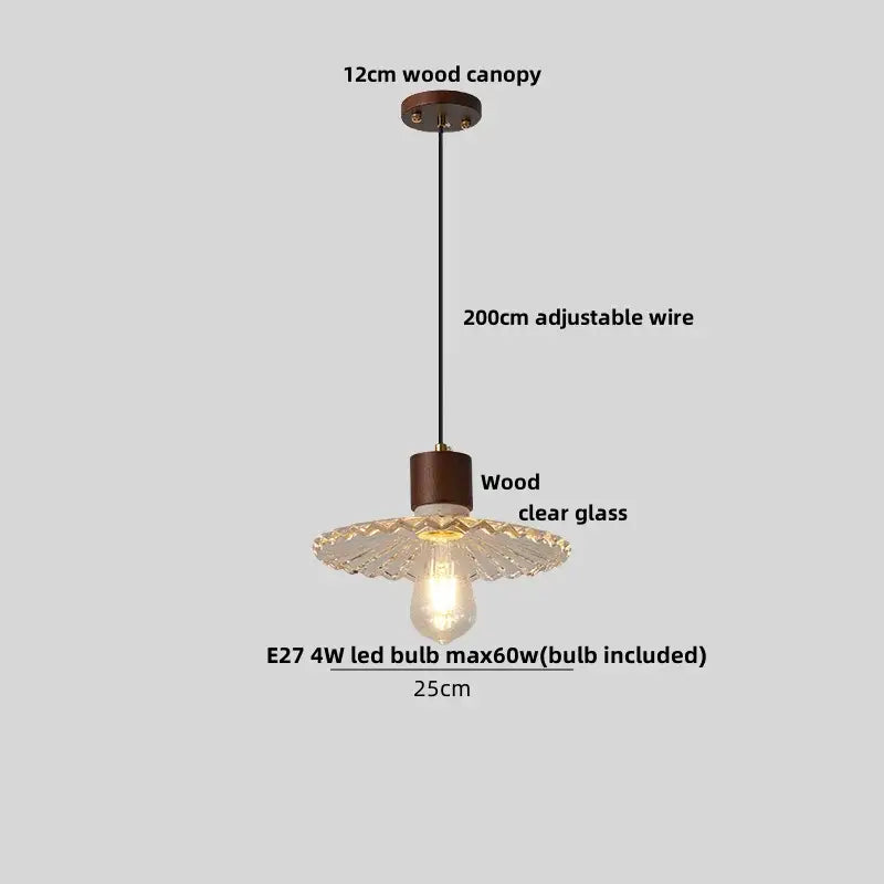 Delicate 12cm wooden canopy pendant light with clear textured frosted glass led shade by decorbites clear glass