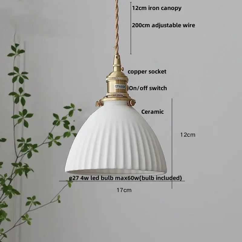 White ceramic pendant light with fluted design and brass finish in decorbites clear glass led kitchen hanging lamp