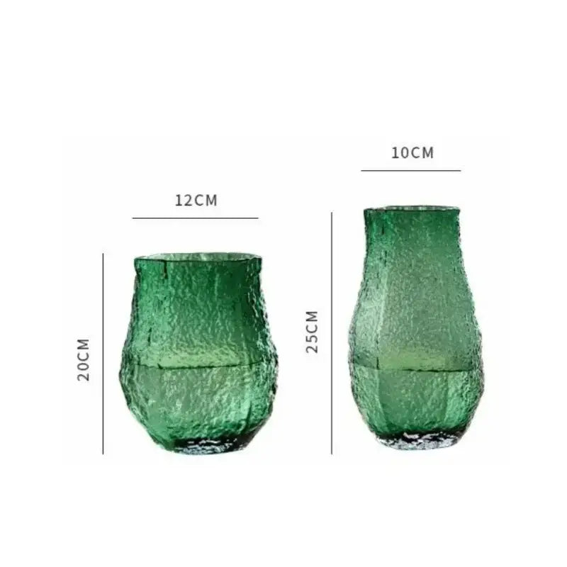 Two textured frosted green transparent glass vases 20cm and 25cm tall ideal for decorbites living room decor