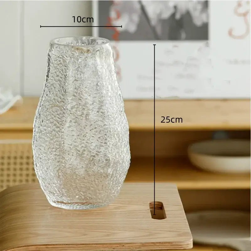 Clear glass vase with a textured bubbly surface 10cm wide by 25cm tall decorbites green transparent glass decor