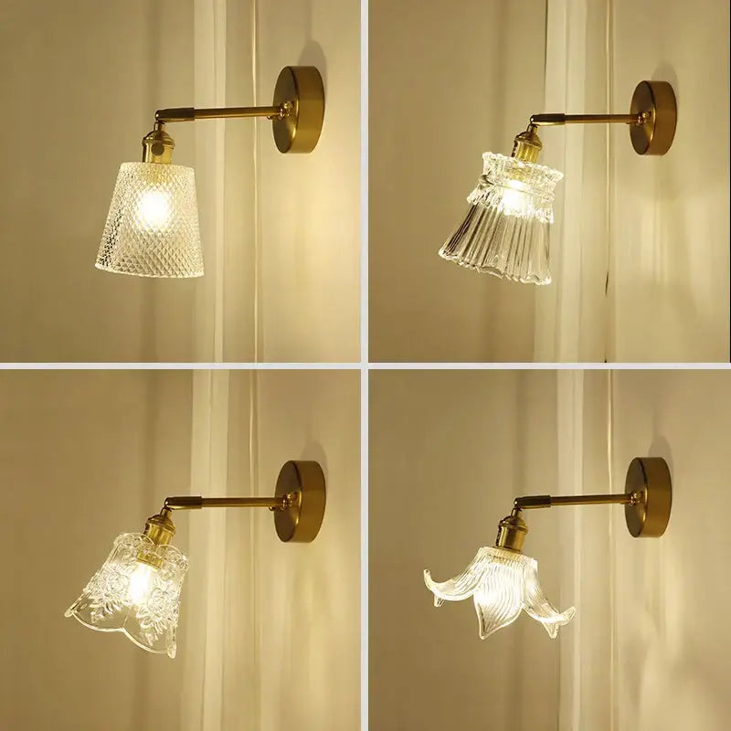Gold-toned wall sconce with clear textured glass shades in decorative patterns for bedroom brass mirror decorbites wall sconce