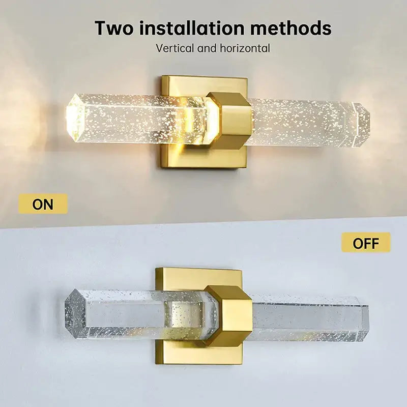Gold wall sconce with textured glass and clear faceted crystal bar emitting warm diffusing light for bedroom decorbites gold wall