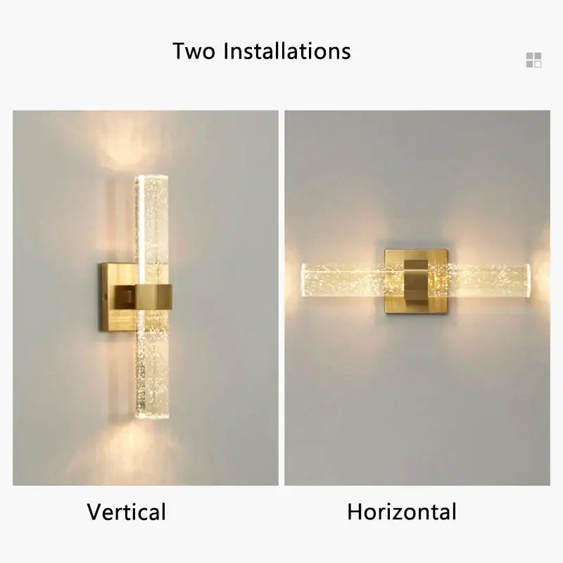 Modern gold wall sconce with textured glass tube filled with sparkling bubbles for warm bedroom lighting decorbites gold wall sconce