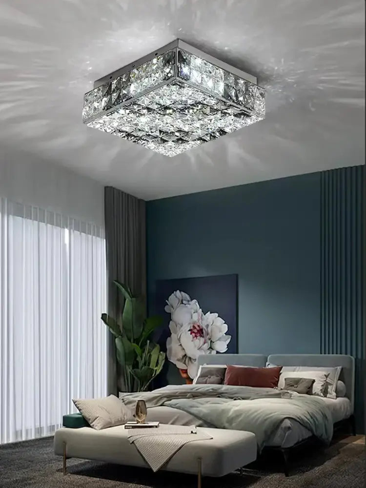 Textured gold crystal led rectangle chandelier with square crystal ceiling light and reflective chrome frame decorbites crystal led