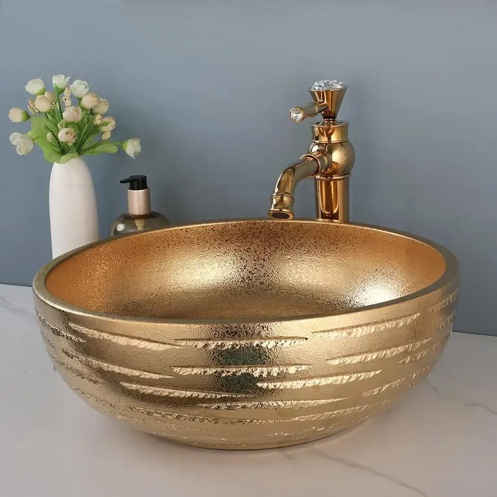 Textured golden ceramic bathroom basin set featuring a ridged vessel sink from decorbites golden ceramic collection