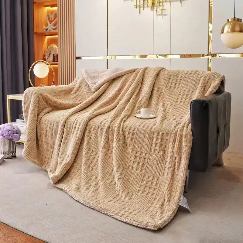 Beige knitted throw blanket with textured diamond pattern and soft plush interior coral fleece blanket for bedroom use