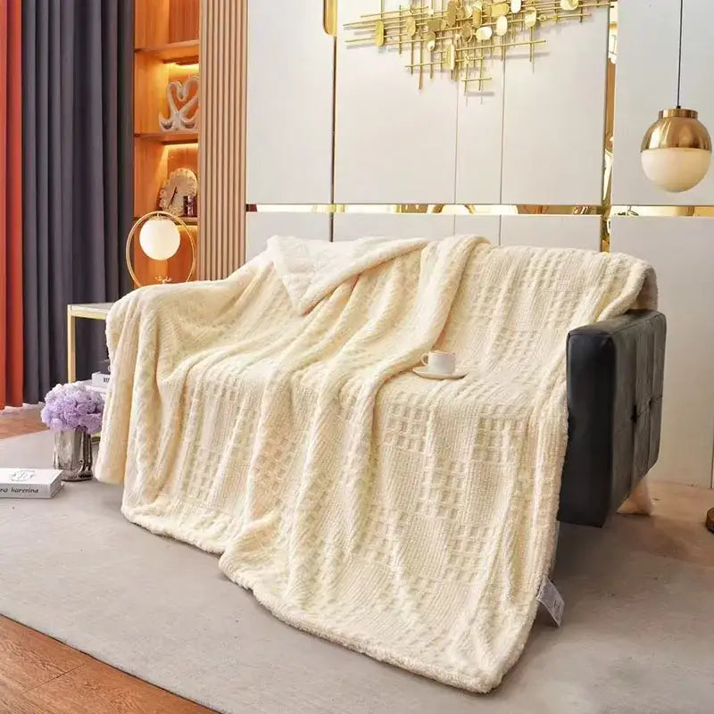 Cream-colored plush throw blanket with textured knit pattern and soft coral fleece lining for cozy use