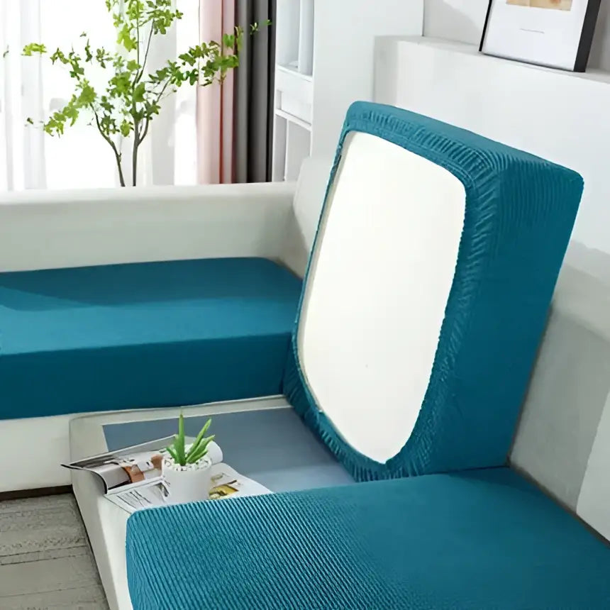 Teal stretch fabric sofa cover with white panel on backrest for textured green and beige elastic sofa cover protector