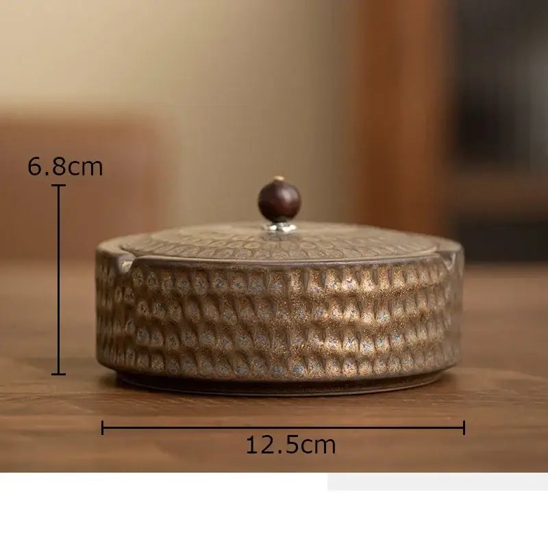 Round hammered brass ashtray with textured surface and dark wooden knob lid for decorbites ceramic ashtray collection