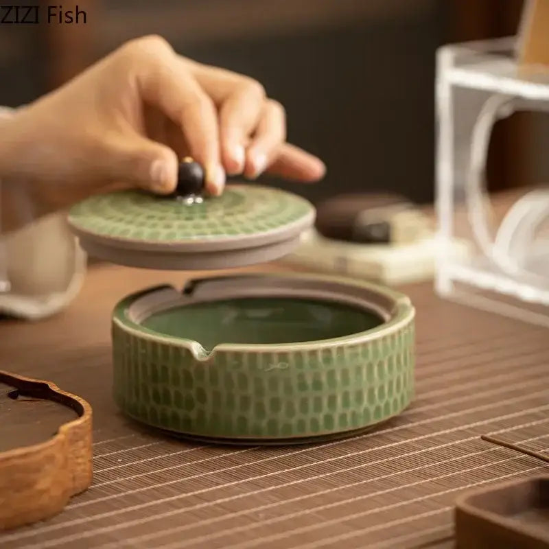 Textured green ceramic ashtray with wooden lid and dark knob decorbites ceramic ashtray for office or living room decor