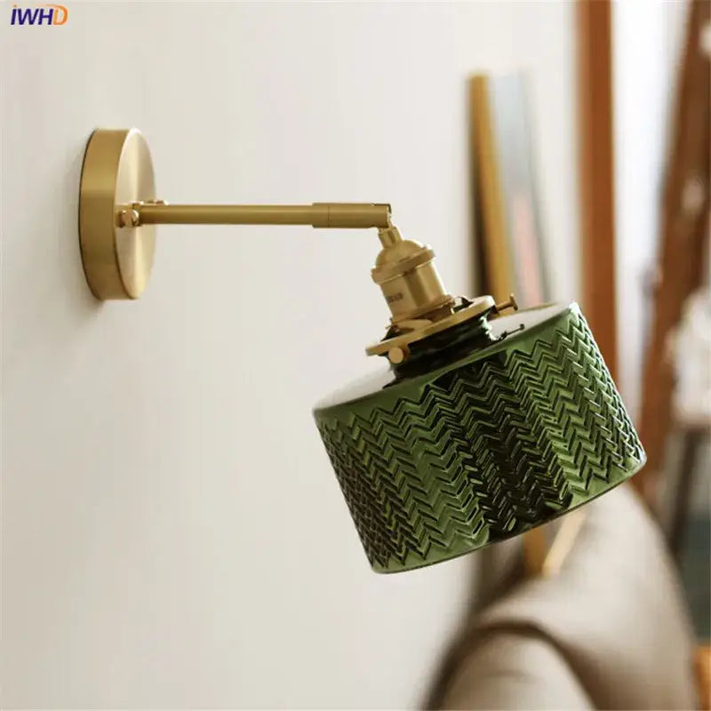 Textured green ceramic wall sconce with chevron pattern and brass hardware for bedroom glass nordic wall lighting