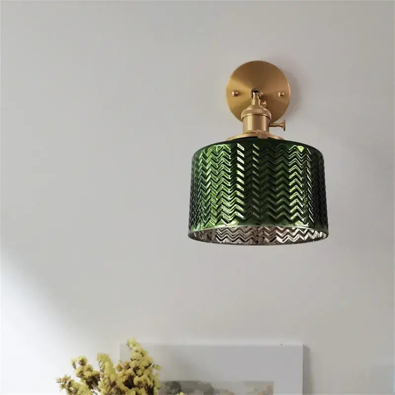 Textured green glass nordic wall sconce with chevron pattern and brass hardware for bedroom LED lighting
