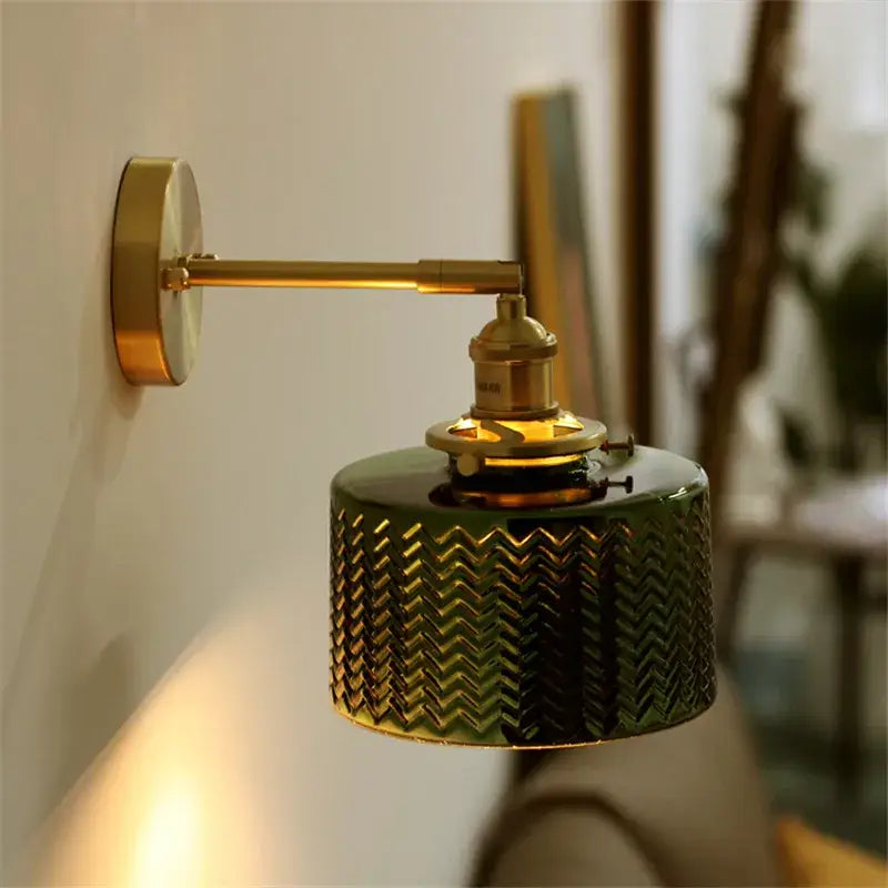 Textured green glass nordic wall sconce with chevron pattern and brass hardware for bedroom led lighting
