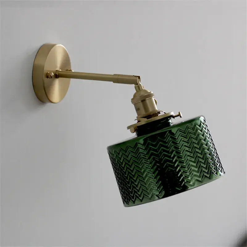 Textured green ceramic wall sconce with green glass nordic zigzag lampshade and brass LED wall fixture for bedroom