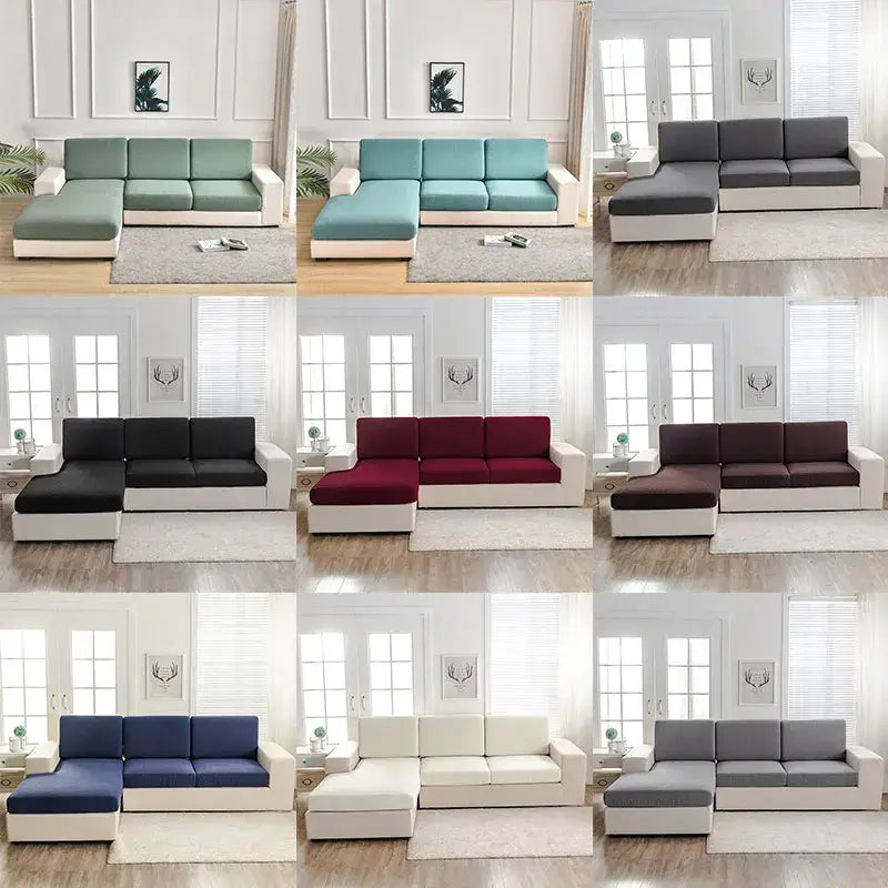 Modern l-shaped sectional sofa with white frame and multicolor cushions featuring textured green waterproof sofa cover