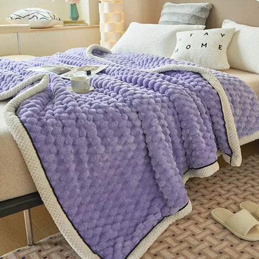 A plush lavender cozy taffeta velvet blanket with textured surface and cream rope trim for bedroom decorbites decor