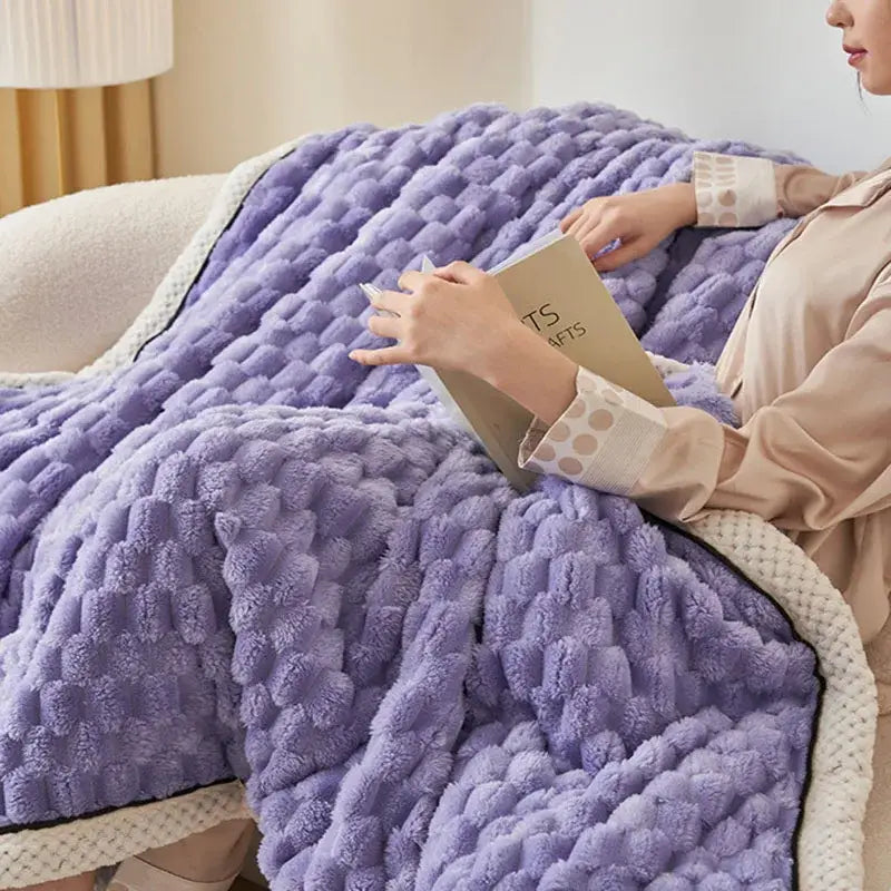A plush lavender textured cozy taffeta velvet blanket with chunky knit pattern and cream border for bedroom decorbites cozy taffeta