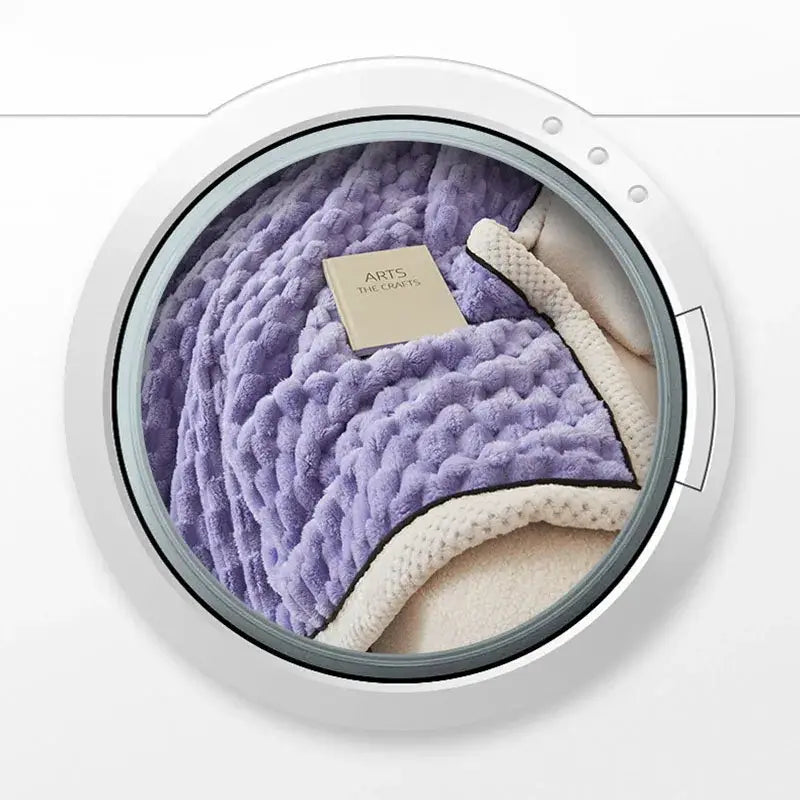 Purple plush throw blanket with cream fleece lining and woven texture featuring arts the crafts label decorbites cozy taffeta velvet