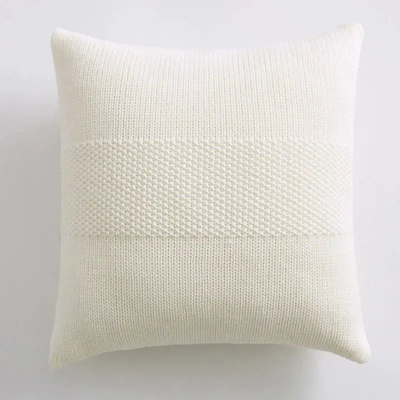 Cream-colored knit cushion cover with textured horizontal band by decorbites for stylish living room decor