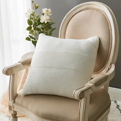 Cream-colored textured knit cushion cover with horizontal band for living room decorbites knit cushion decor