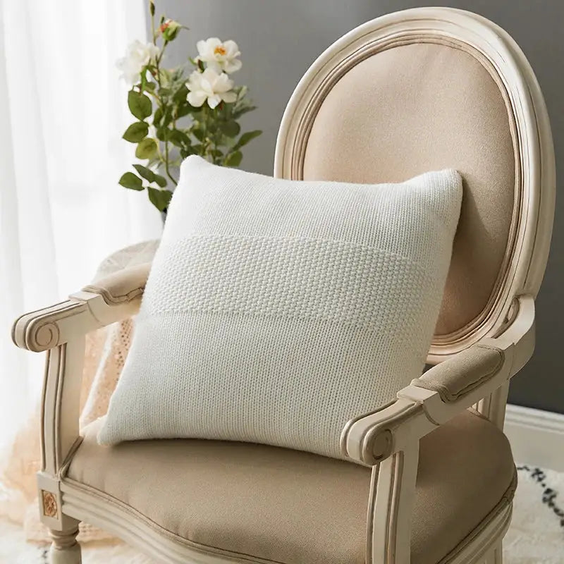 Cream-colored textured knit cushion cover with horizontal band for living room decorbites knit cushion decor