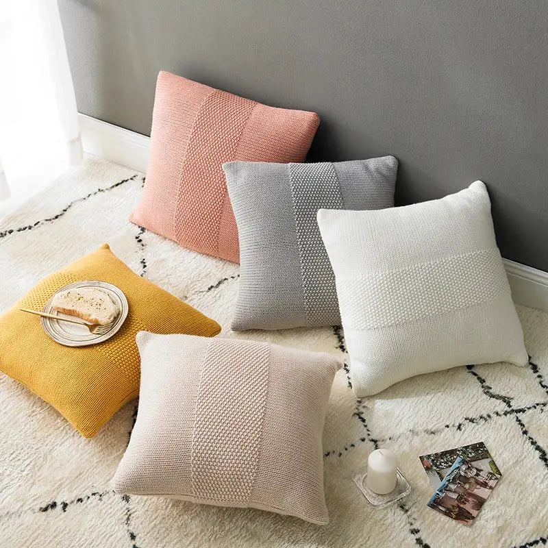 Set of five cozy pastel knit cushion covers including a textured light gray decorbites knit cushion for living room decor