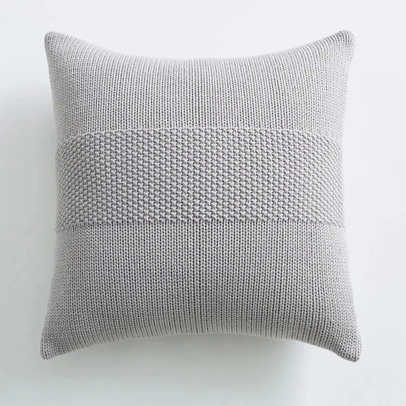 A soft light gray knit cushion cover with textured horizontal stitch patterns for decorbites living room pillow decor