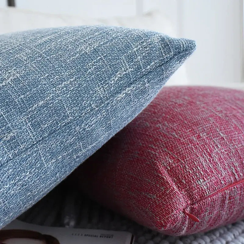 Blue and red textured linen cotton throw pillowcase with woven fabric finish for living room decorbites linen cotton throw